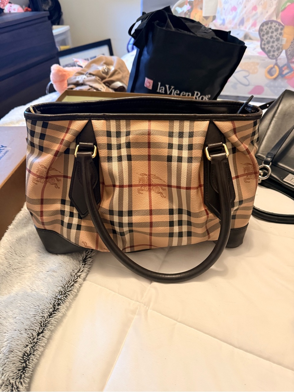 Classic Plaid Leather-Trim Satchel Bag - Brown/Beige, comes with dust bag